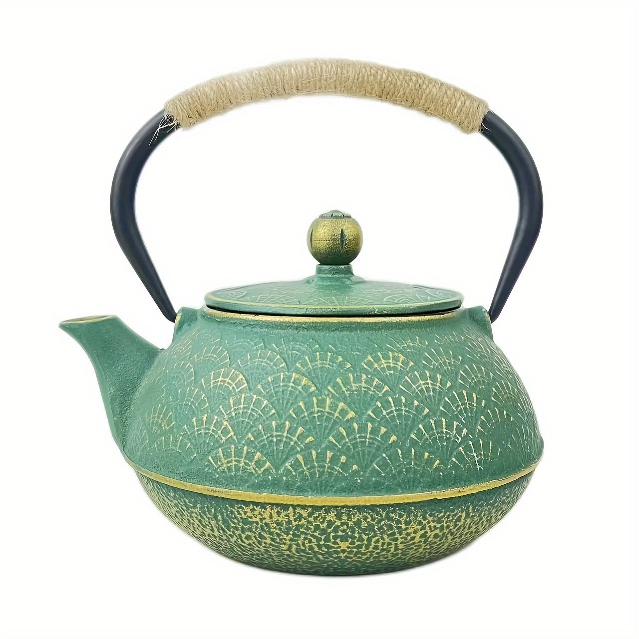 1pc, Vibrant Green & Golden Fan Pattern Cast Iron Enamel Teapot - Whimsical Tea Infuser Teapots with Removable Stainless Steel Filter, Perfect for Gift Giving, Birthday, Holiday, Tea Accessories and Enthusiasts