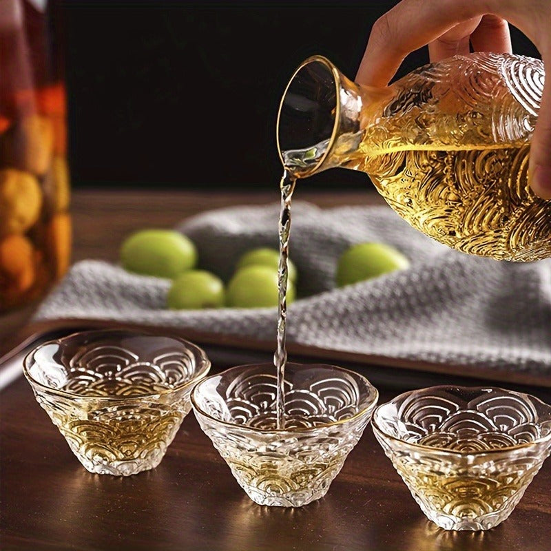 5pcs, Japanese Sake Set, 1 Bowl And 4 Cups, Glass Wine Set, Hot Pot, Hammered Pattern, Household Japanese Style, Home Decoration, Room Decoration, Gifts
