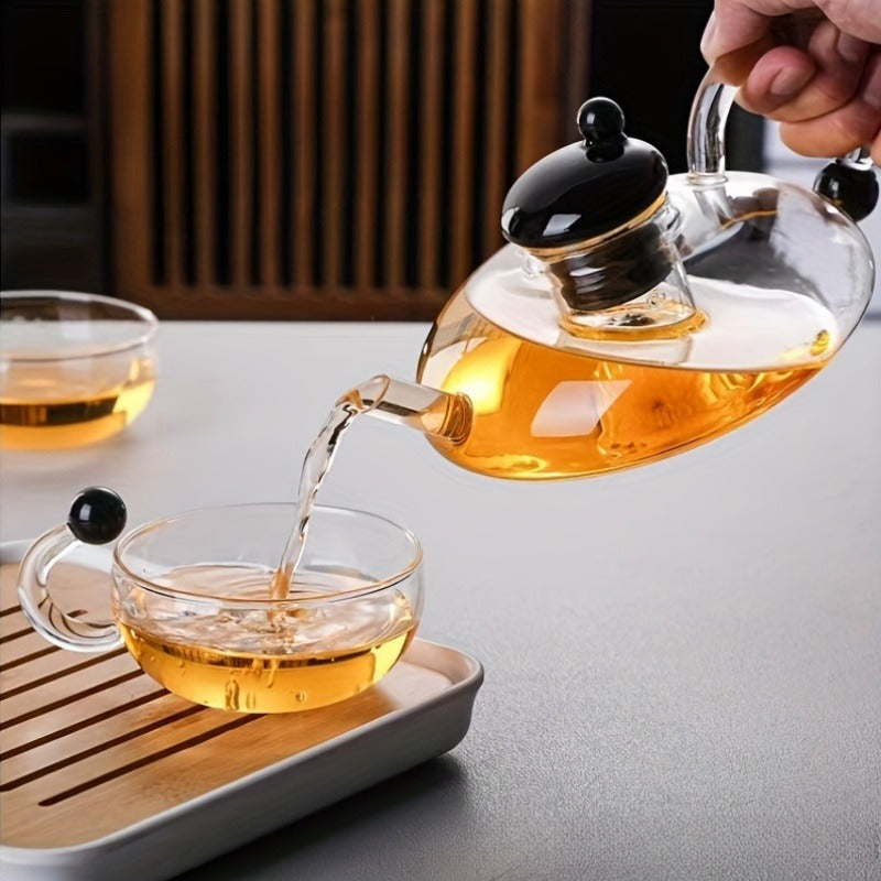 Glass Tea Set with 20.29oz Teapot and 4x6.09oz Cups - Polished Metal Finish, High-Temperature Resistant, Ideal for Home Use, Perfect for Christmas, Halloween, Easter, Hanukkah, St. Patrick's Day - Elegant Tea Infuser Set