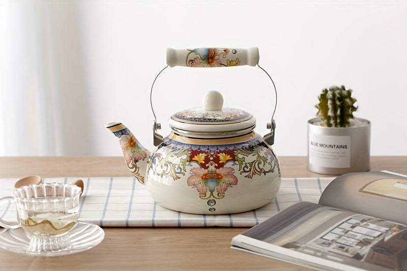 1pc Floral Ceramic Enamel Teapot Tea Kettle For Stovetop, Thickened Flat Bottom 84.54oz Home Cold Kettle Teapot Milk Teapot Induction Cooker Gas Universal